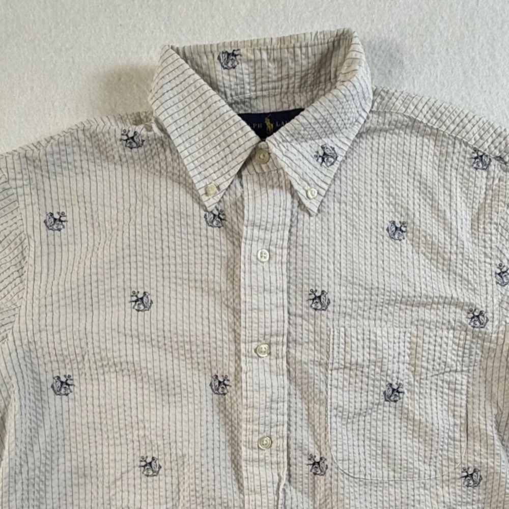 Ralph‎ Lauren Button Down Mens Small Classic Fit Seersucker Striped Anchor White